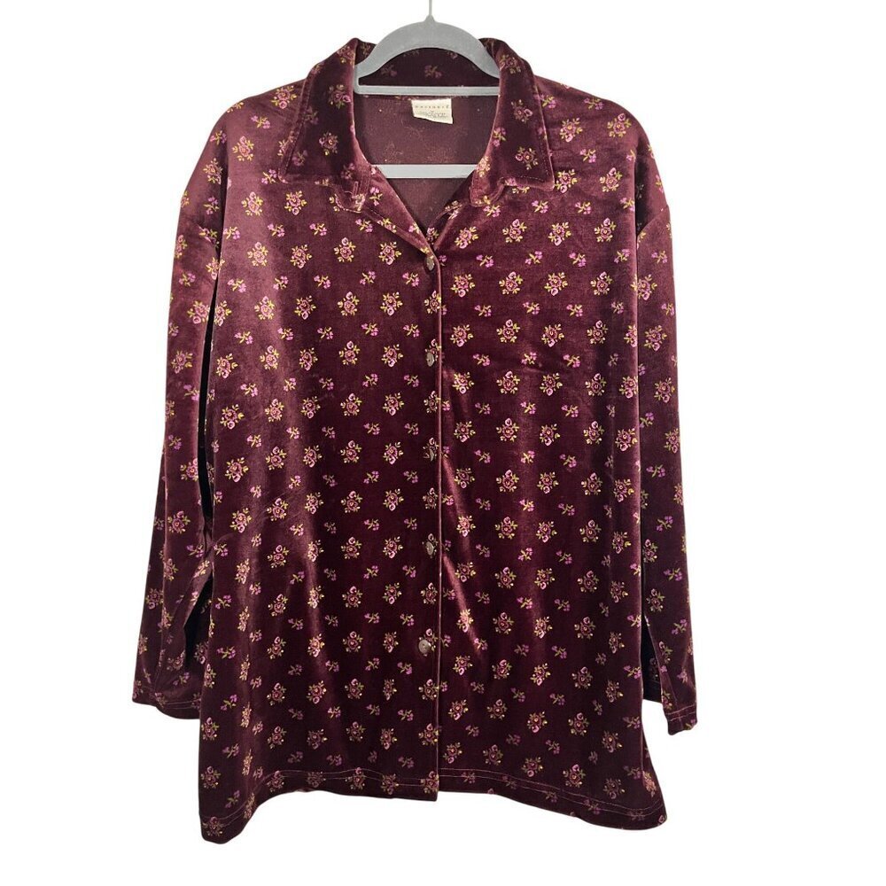 Retro Floral Velvet Shirt Burgundy M Hippie‎ Boho Indie Folk Cottagecore Western